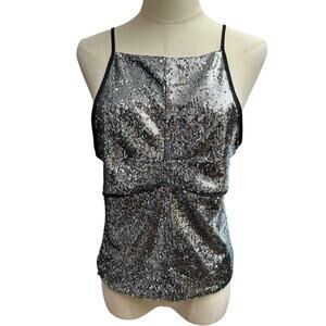 FREE PEOPLE Sz Small James Open Back Sequin Tank in Silver Combo Party Rave Top